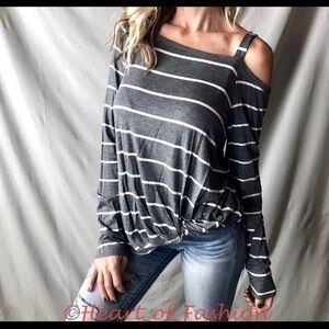 One Shoulder Striped Relaxed Loose Front Knit Top
